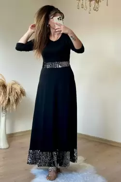 Uzun Bel Ve Etek Ucu Pul Payetlı Elbise