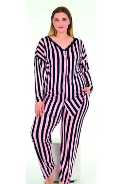 Uzun Kol Onü Düğmeli Pembe Seritli Büyük Beden Pijama Takımı