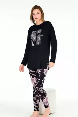 Uzun Kol Pembe Çiçekli Bayan Pijama Takımı