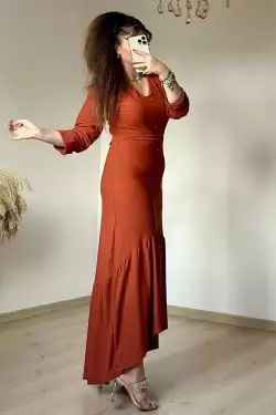 Uzun Kol Romantik Elbise Kiremit