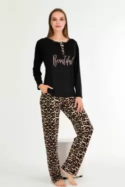 Uzun Kol Yaka Düğmeli Leopar Bayan Pijama Takımı