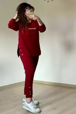 Uzun Kol Yan Çıtçıtlı Bordo Takım