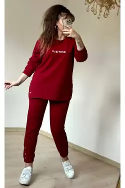 Uzun Kol Yan Çıtçıtlı Bordo Takım