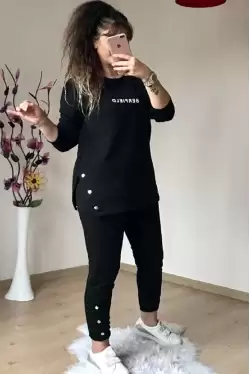 Uzun Kol Yan Çıtçıtlı Siyah Takım