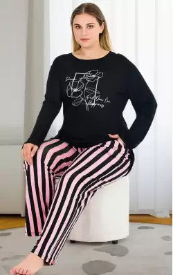 Uzun Kollu Siyah Büyük Beden Viskon Pijama Takımı