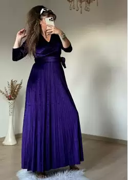 Uzun Pileli Kadife Elbise Mor