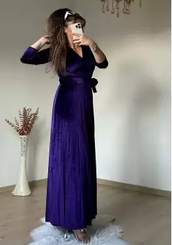 Uzun Pileli Kadife Elbise Mor