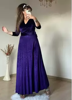 Uzun Pileli Kadife Elbise Mor