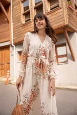Uzun Sarı çiçekli Şifon Elbise - Beyaz