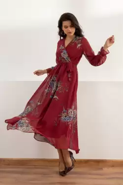 Uzun Sarı çiçekli Şifon Elbise - Bordo