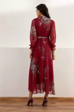 Uzun Sarı çiçekli Şifon Elbise - Bordo