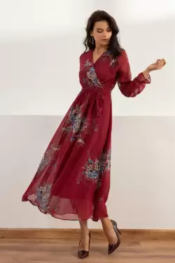 Uzun Sarı çiçekli Şifon Elbise - Bordo