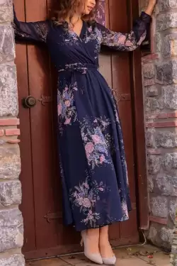 Uzun Sarı çiçekli Şifon Elbise - Lacivert