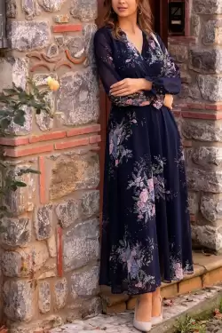 Uzun Sarı çiçekli Şifon Elbise - Lacivert
