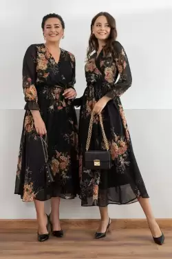 Uzun Sarı çiçekli Şifon Elbise - Siyah