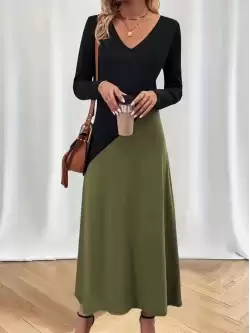 V Yaka Blok Desenlı Elbise Haki