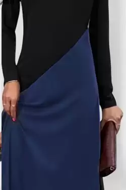 V Yaka Blok Desenlı Elbise Mavi