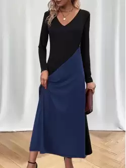 V Yaka Blok Desenlı Elbise Mavi