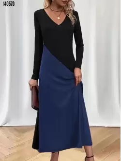 V Yaka Blok Desenlı Elbise Mavi