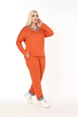 V Yaka Uzun Kol Seritli Takım Turuncu