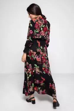Yaka Bağlama İri Çiçek Desen Elbise Siyah