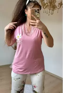 Yaka Dantelli Takım Pembe