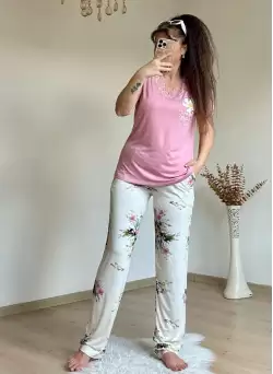 Yaka Dantelli Takım Pembe