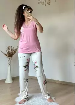 Yaka Dantelli Takım Pembe