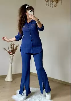 Yaka Taşlı Paça Detaylı Takım Mavi