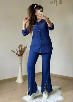 Yaka Taşlı Paça Detaylı Takım Mavi