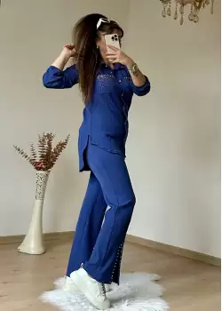 Yaka Taşlı Paça Detaylı Takım Mavi