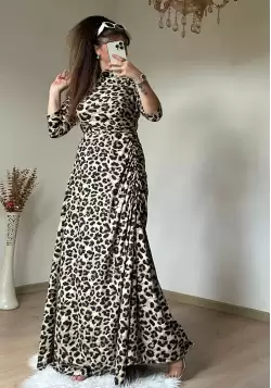 Yan Büzgülü Leopar Elbise