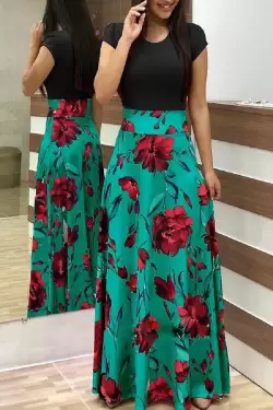 Yeşil İri Gül Desen Viskon Elbise