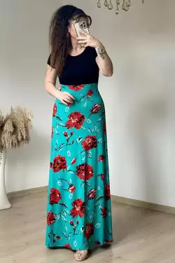 Yeşil İri Gül Desen Viskon Elbise
