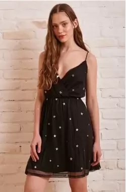 Yıldız Desenli Mini Elbise Gögüs Dekolteli Ip Askılı Tüllü elbise