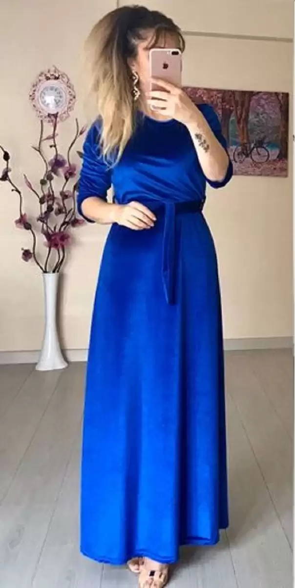 Bisiklet Yaka Kadife Elbise Saks Mavi
