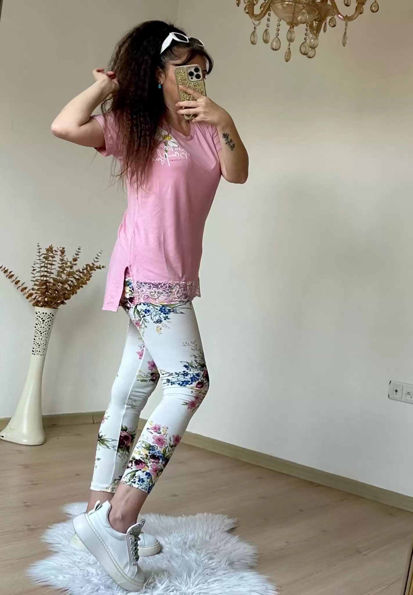 Dantel Detaylı Çiçekli Tayt Takım