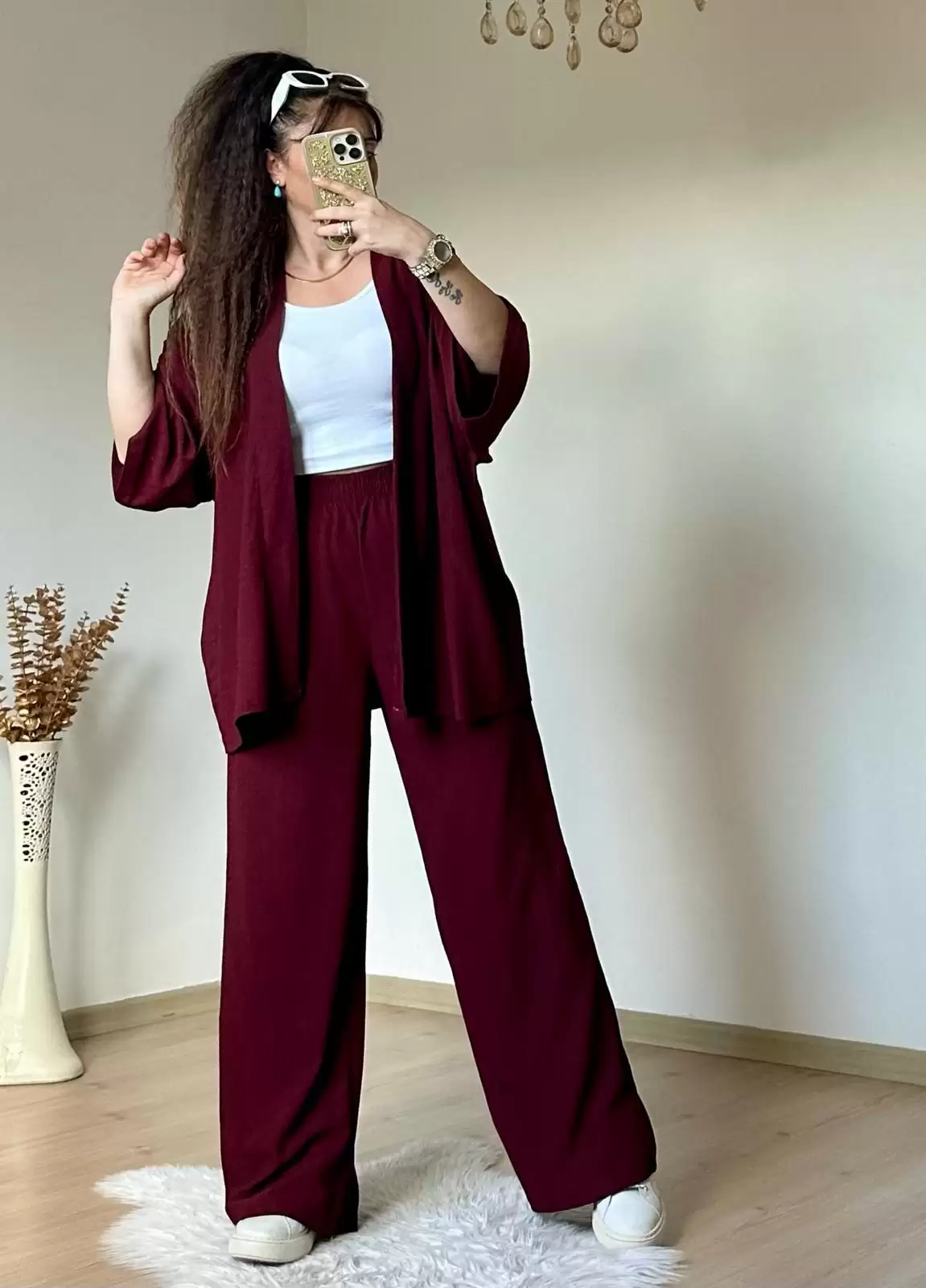 Düz Kimono Büyük beden Bordo