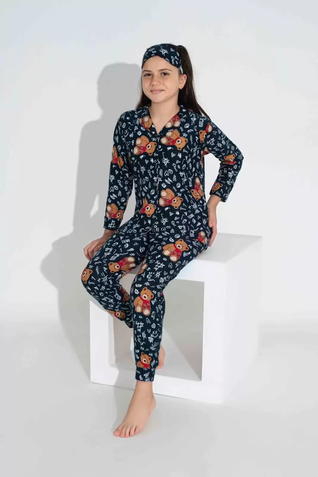 Lacivert Ayıcık Desen Çoçuk Pijama Takımı