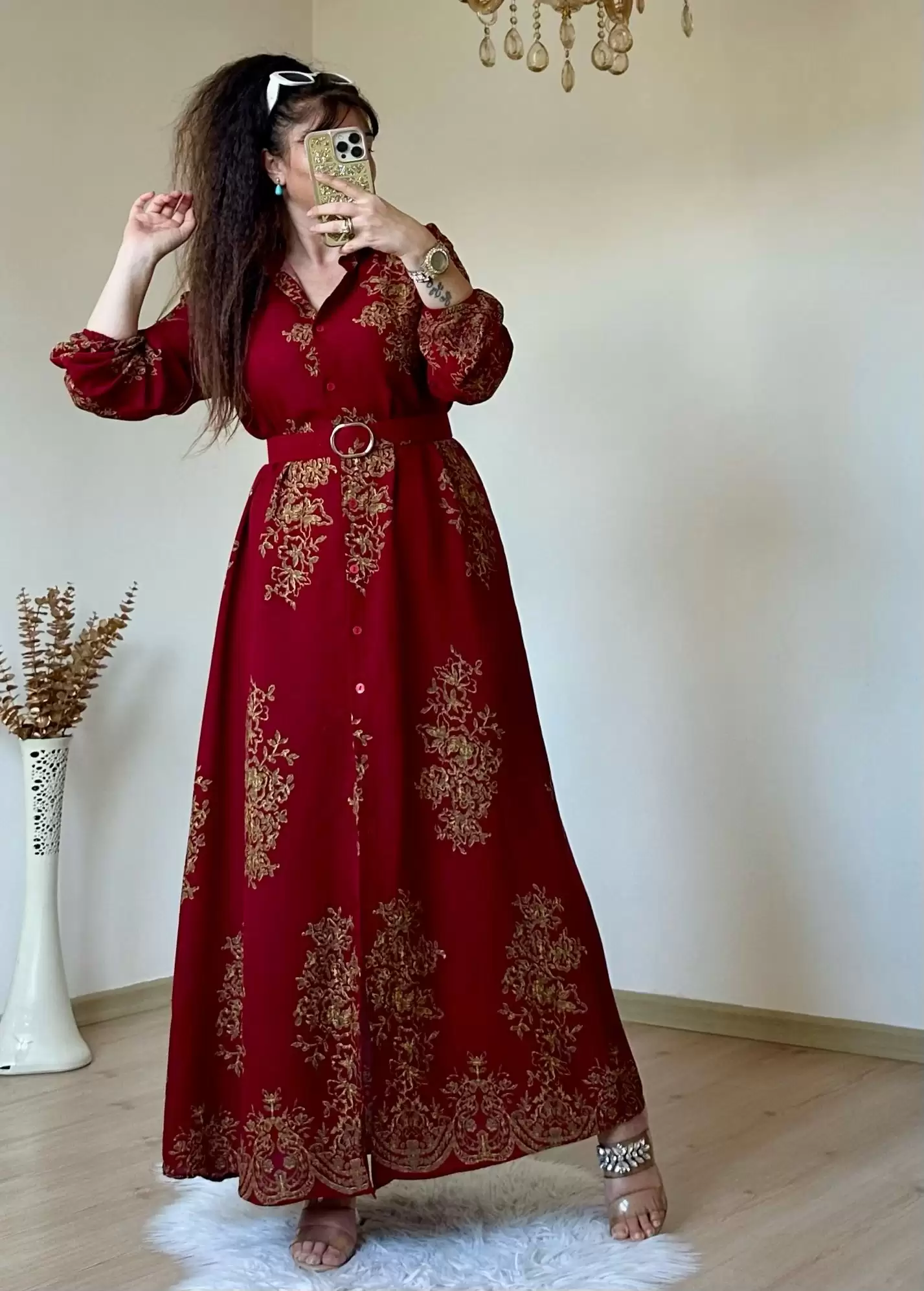 Otantık Desen Gömlek Elbise Bordo