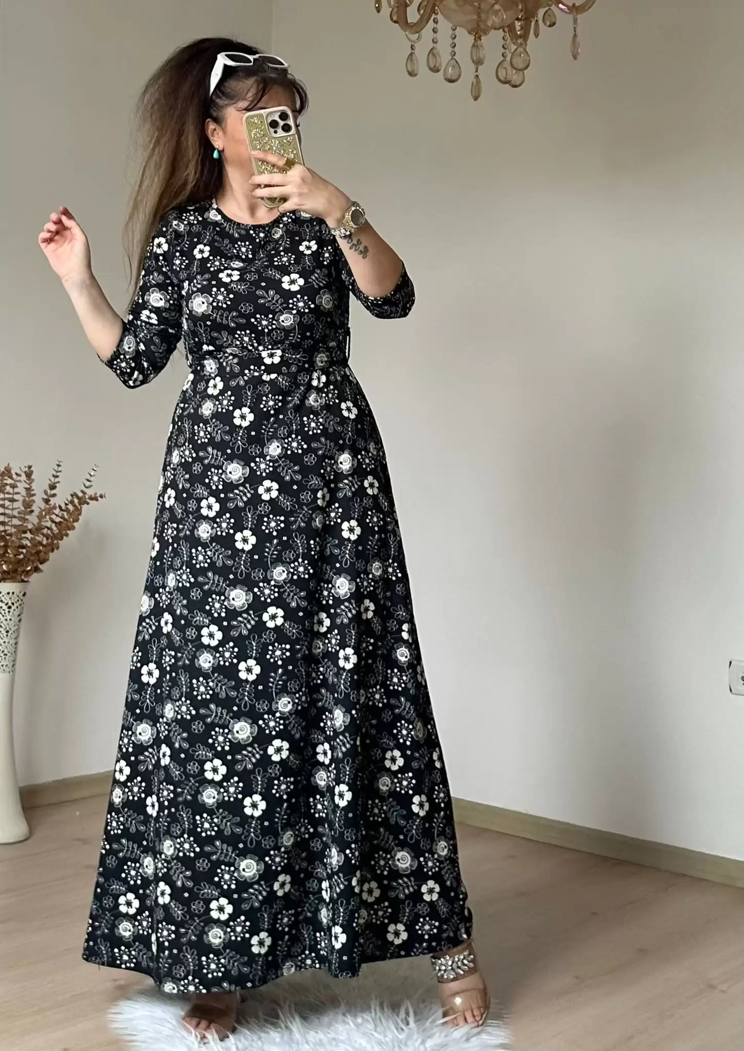 Siyah Çıtır Çıceklı Bürümcük Elbise