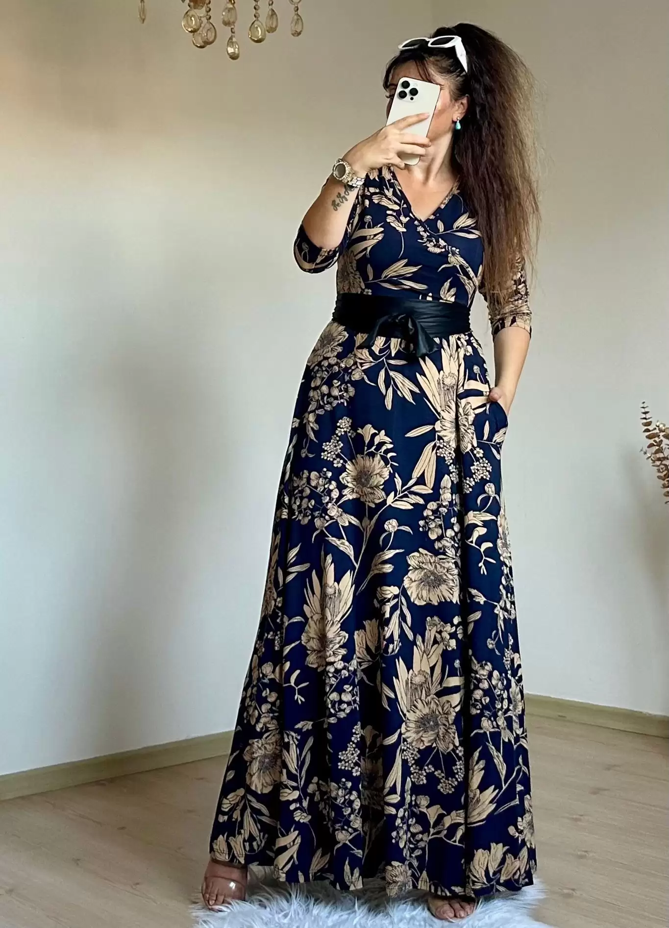 Full Length Navy Blue Floral Dress