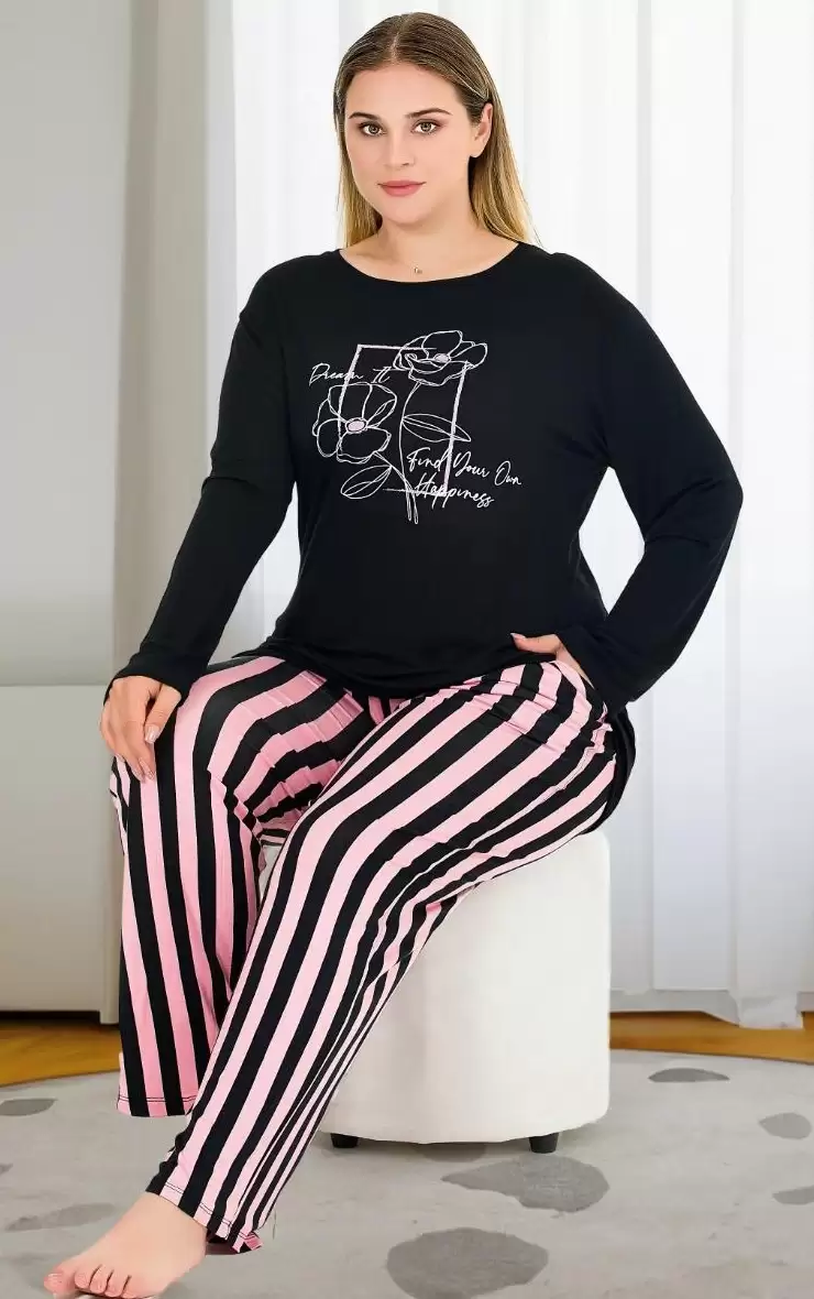 Uzun Kollu Siyah Büyük Beden Viskon Pijama Takımı