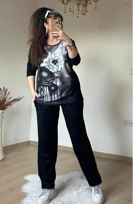 Sıyah Beyaz Papatya Desen Takım