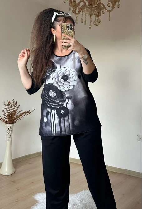 Sıyah Beyaz Papatya Desen Takım
