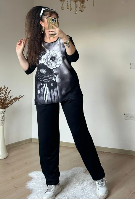 Sıyah Beyaz Papatya Desen Takım