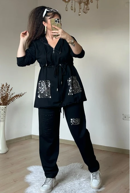 Kapuşonlu Pul Payetlı Takım Sıyah