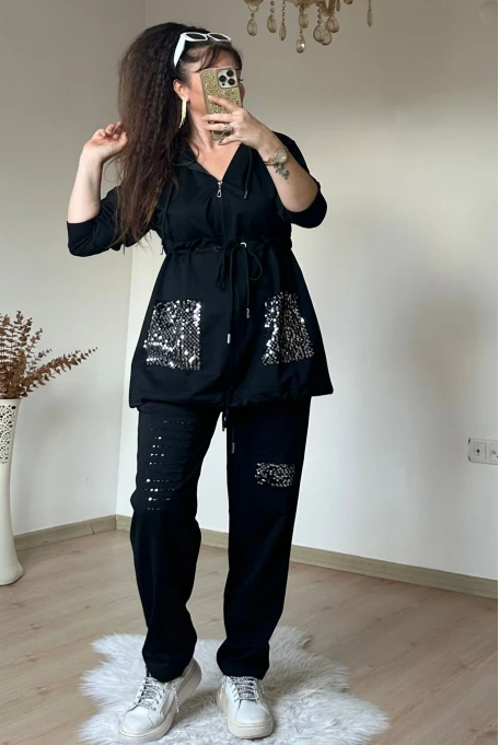 Kapuşonlu Pul Payetlı Takım Sıyah