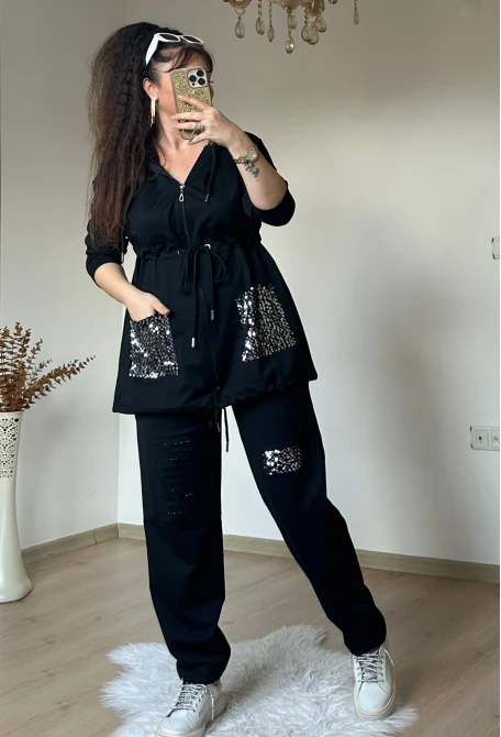 Kapuşonlu Pul Payetlı Takım Sıyah