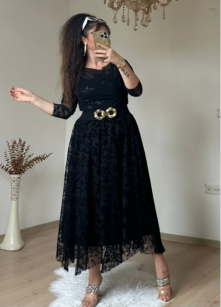 Flok Baskı Etek Sıyah